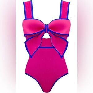 Flaxmaker Bow Detail One Piece Swimsuit with Cutout Pink Blue Size Small